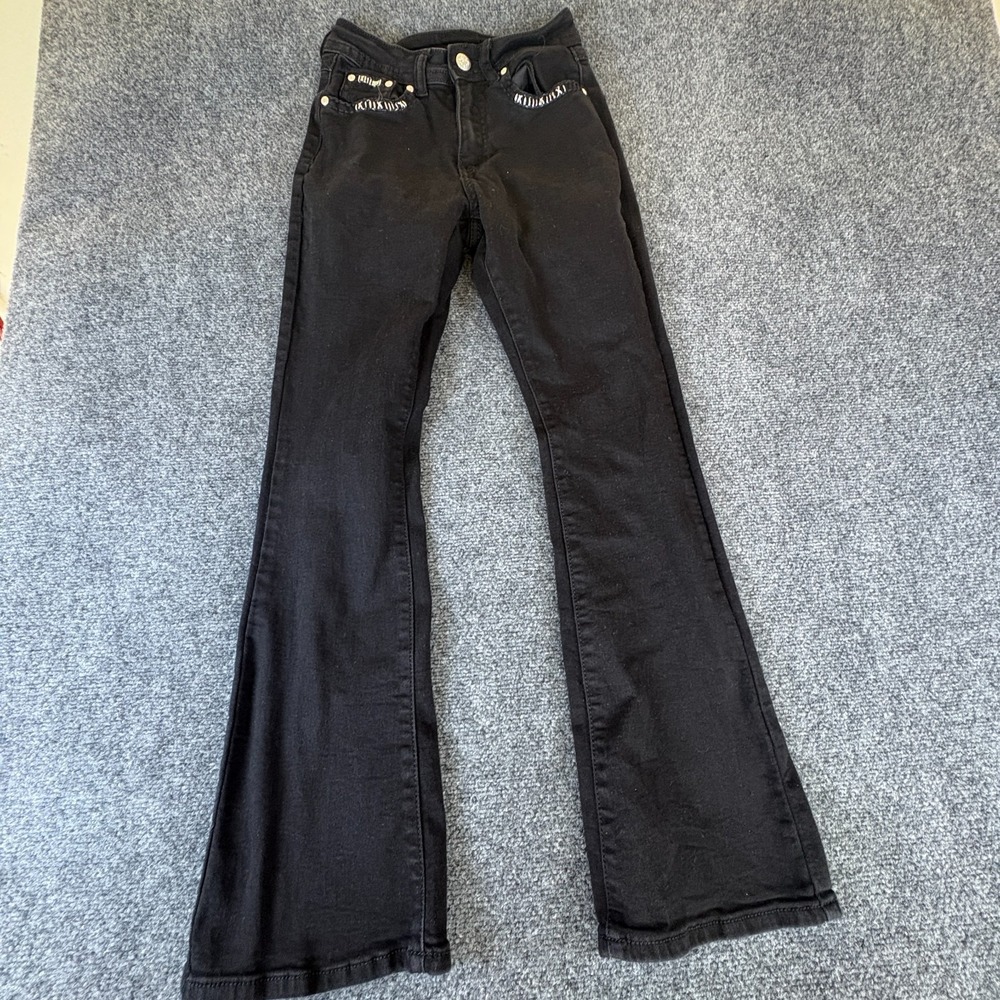 H&Y Fashion Jeans Womens 23x28 Black Denim Cotton Stretch Embellished Flared Leg